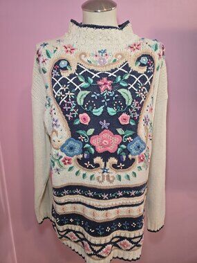Beldoch Popper Floral Embroidered Knit Sweater Medium Cottagecore Shabby Chic